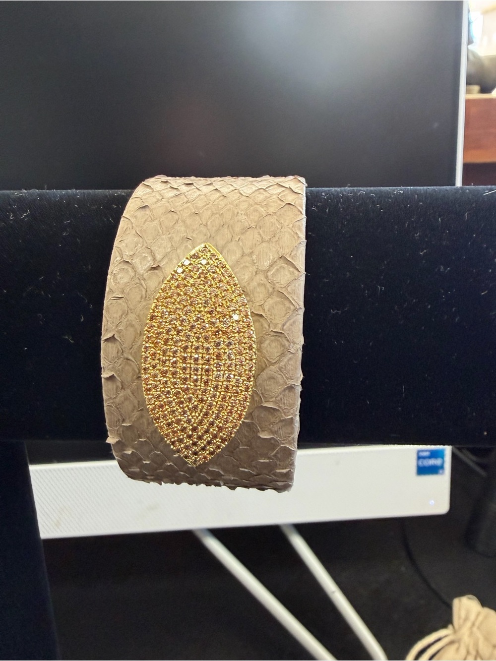 Gold Pavé Leaf Leather Cuff Bracelet - Taupe